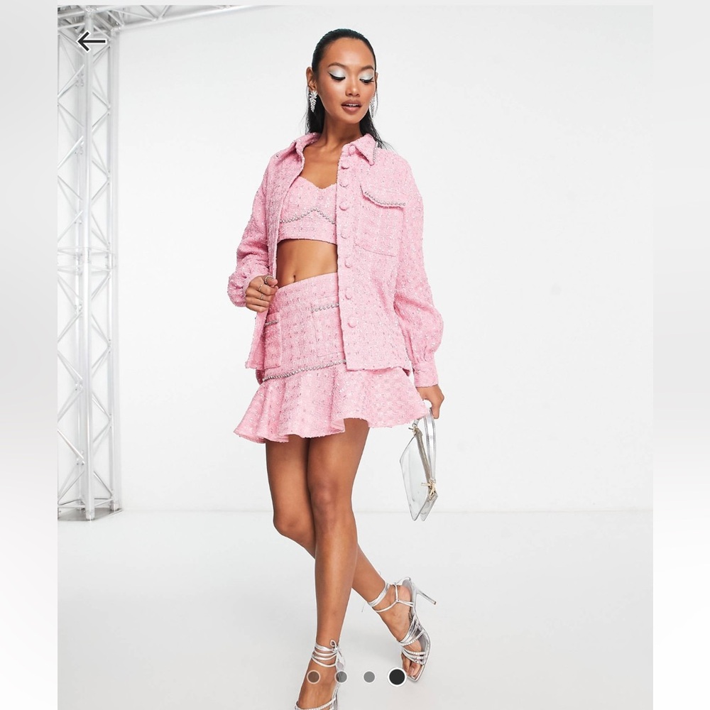 Pink Boucle Shacket and Skirt Set